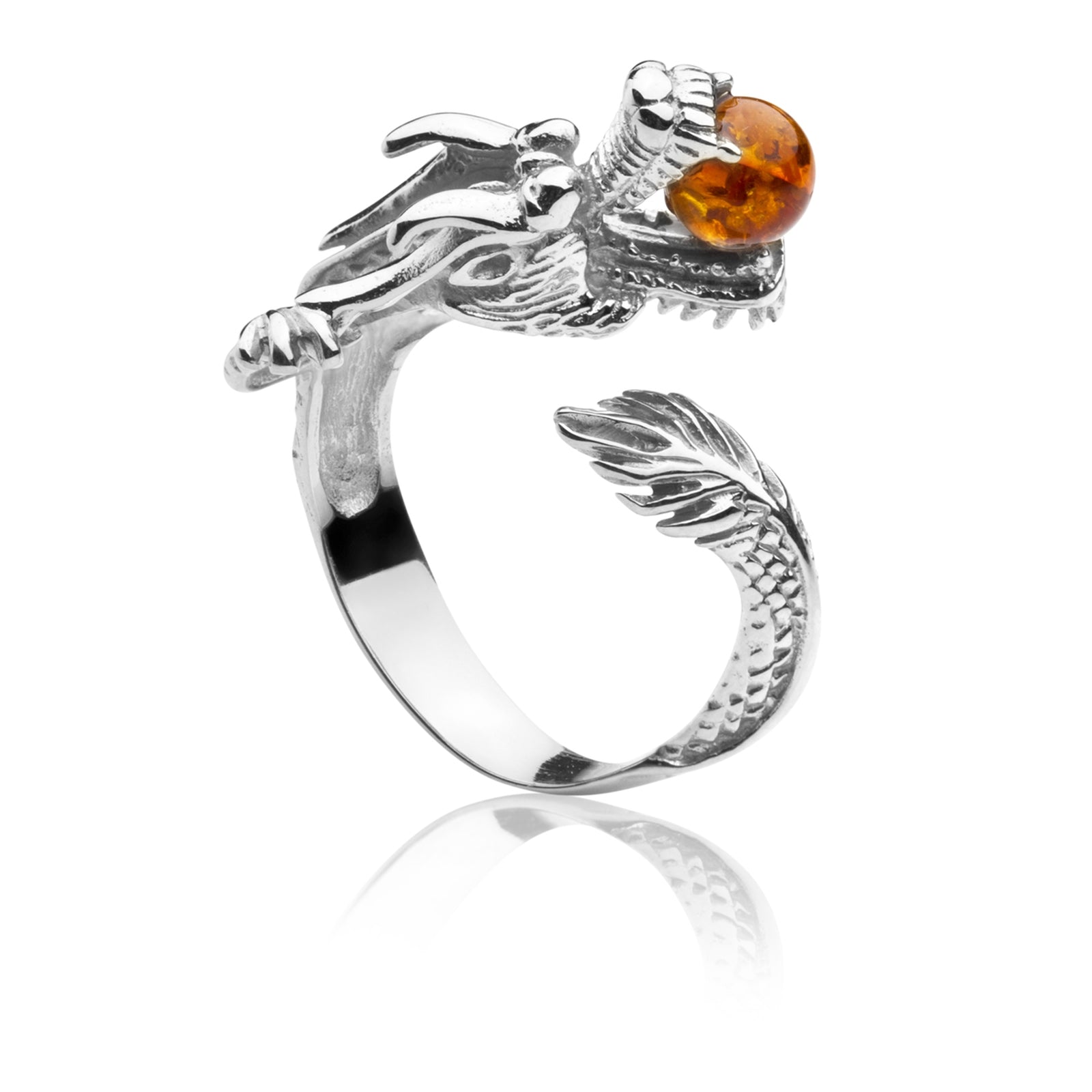 Ring Silber 925/000, Drache, Bernstein -Größe wählbar-