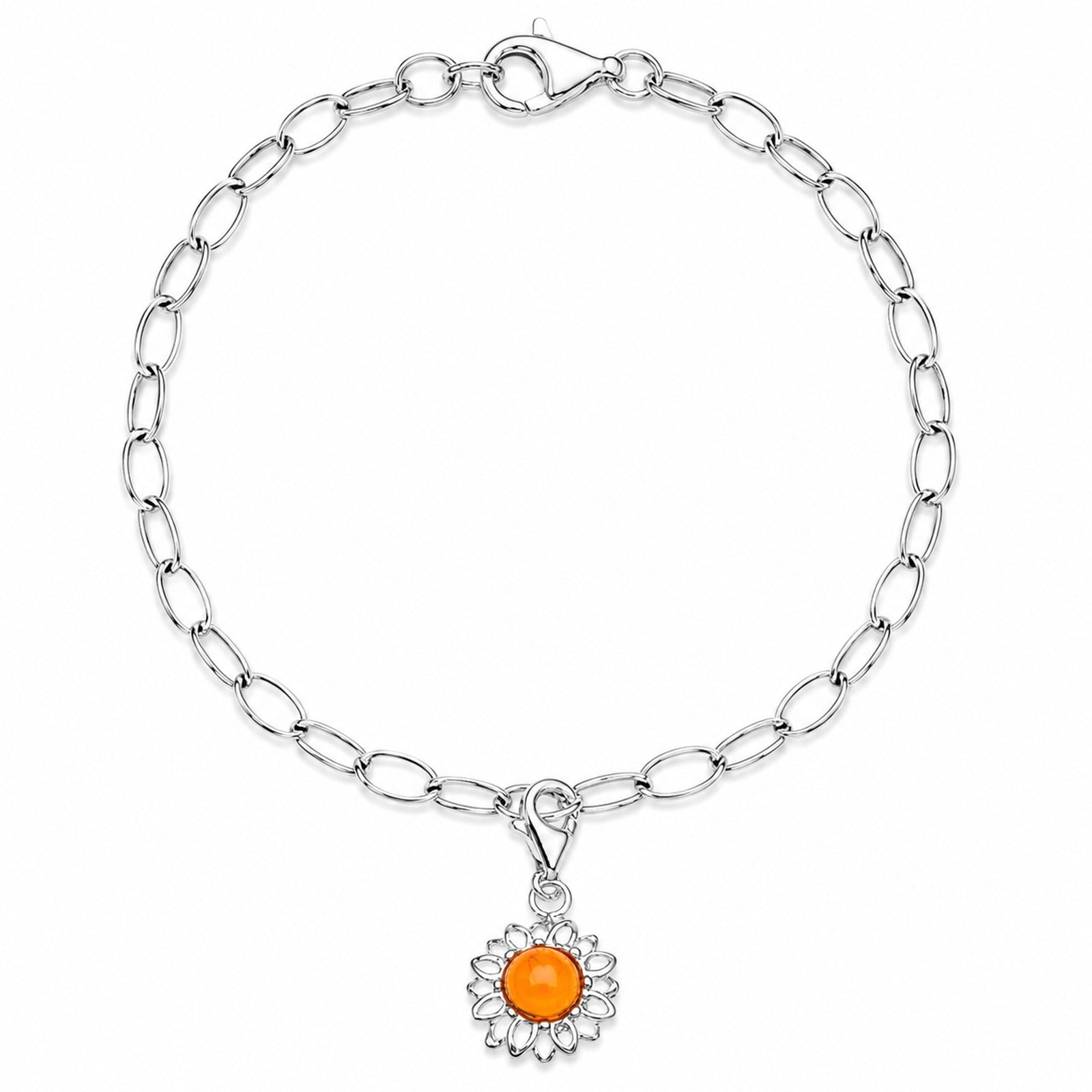 Charmsarmband mit Anhänger Blüte, 19 cm,  Silber 925/000, Bernstein