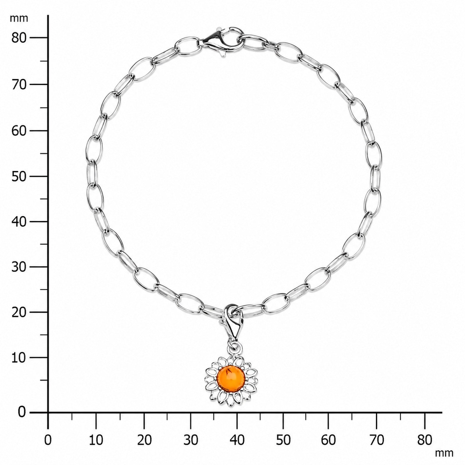 Charmsarmband mit Anhänger Blüte, 19 cm,  Silber 925/000, Bernstein