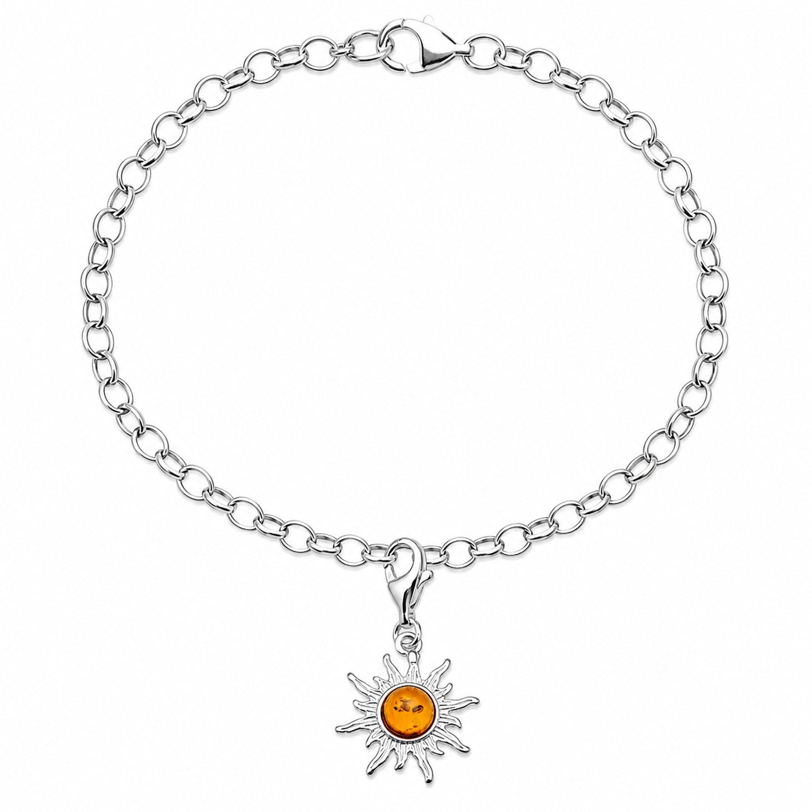 Charmsarmband mit Anhänger Sonne, 19 cm,  Silber 925/000, Bernstein