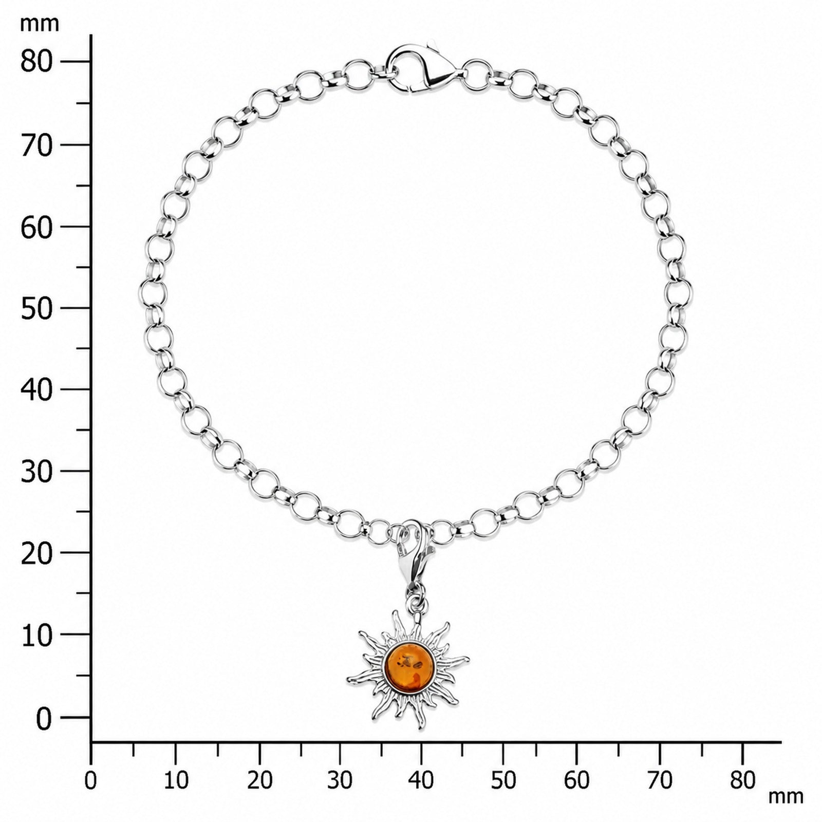 Charmsarmband mit Anhänger Sonne, 19 cm,  Silber 925/000, Bernstein