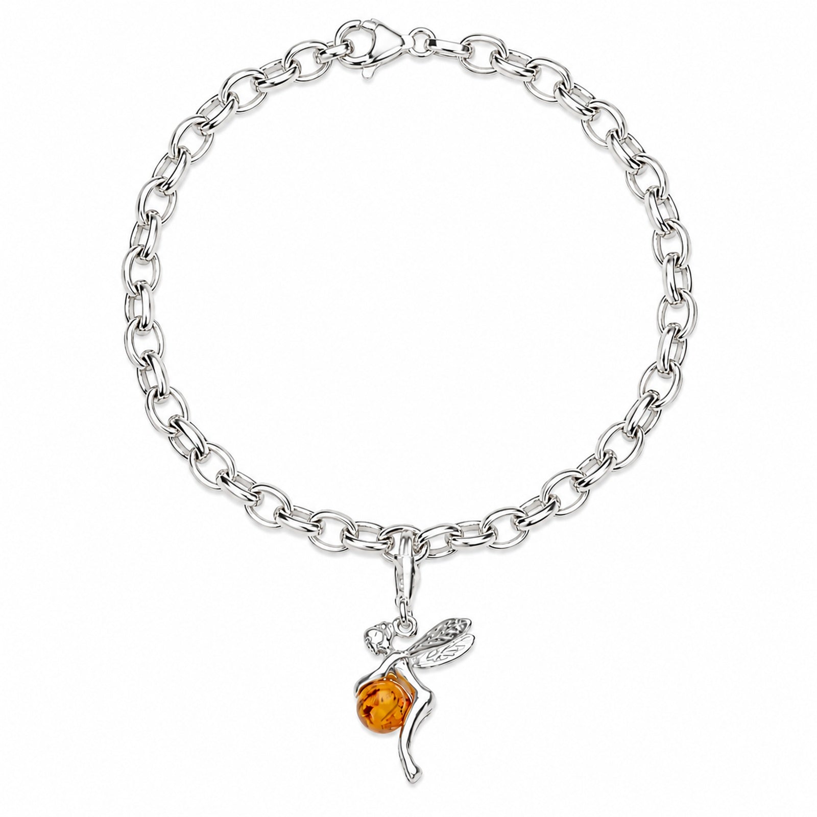 Charmsarmband mit Anhänger Elfe, 19 cm,  Silber 925/000, Bernstein