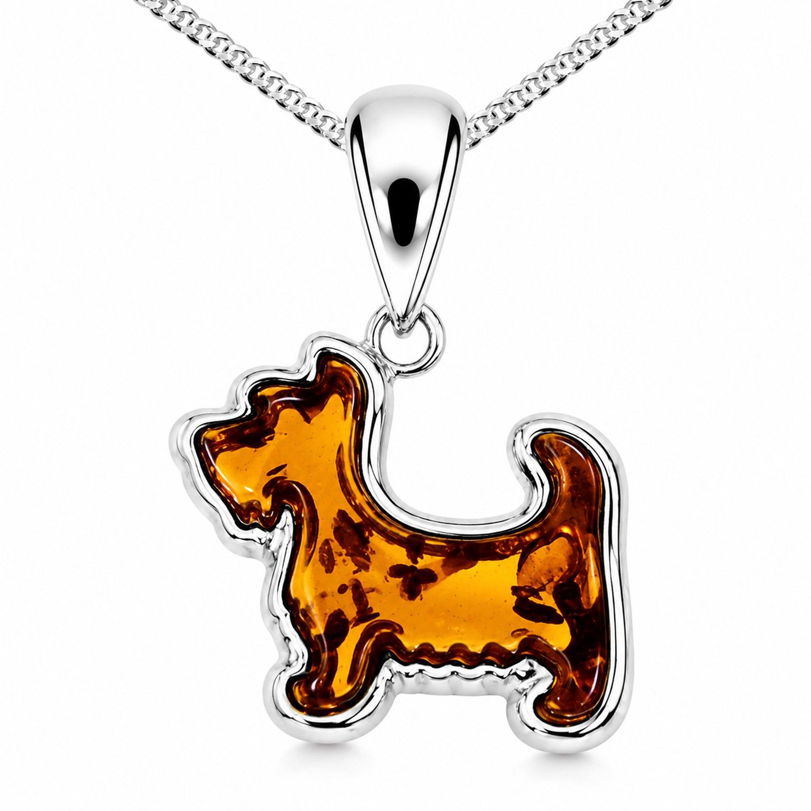 Kette mit Anhänger "Hund", Silber 925/000,  Bernstein