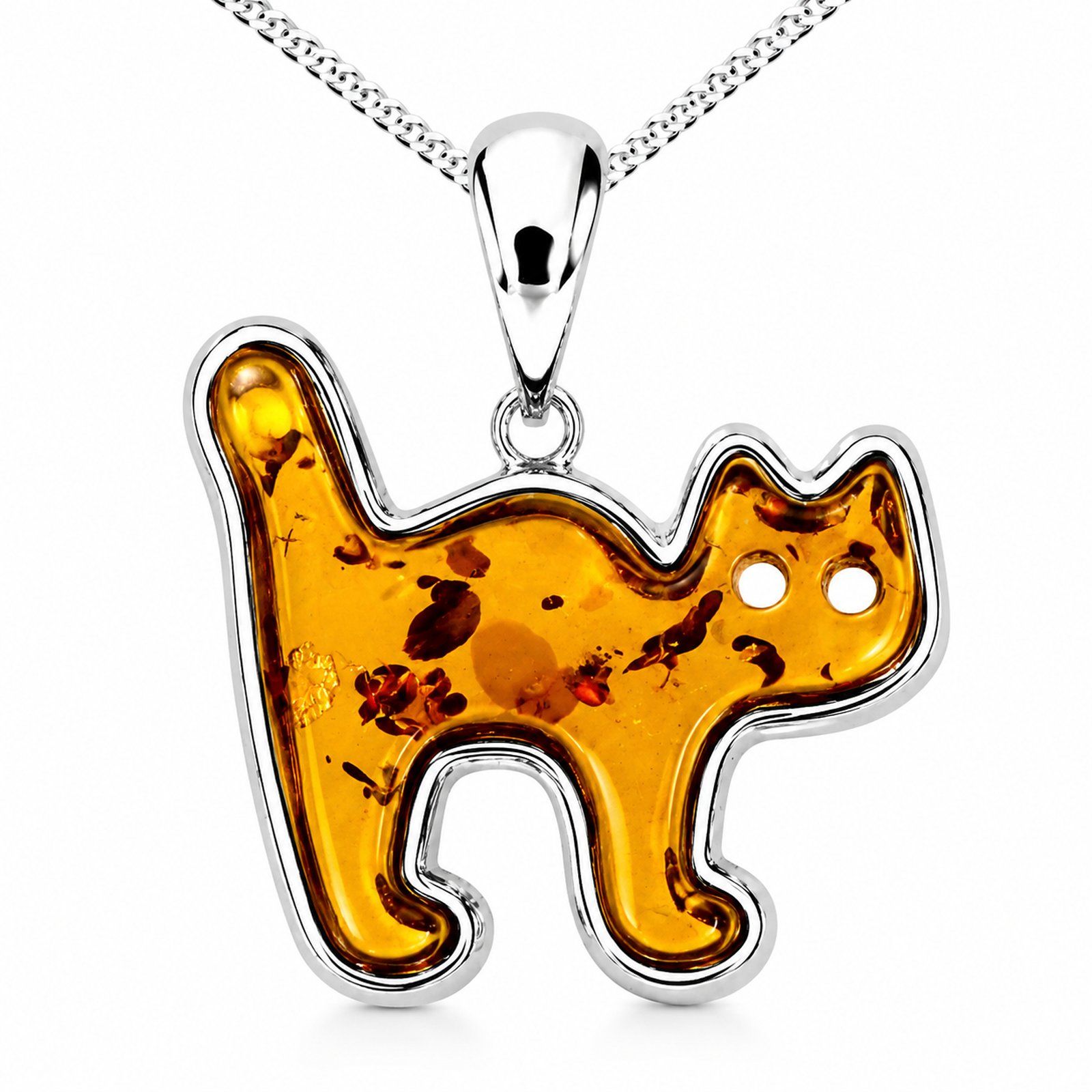Kette mit Anhänger "Katze", Silber 925/000,  Bernstein