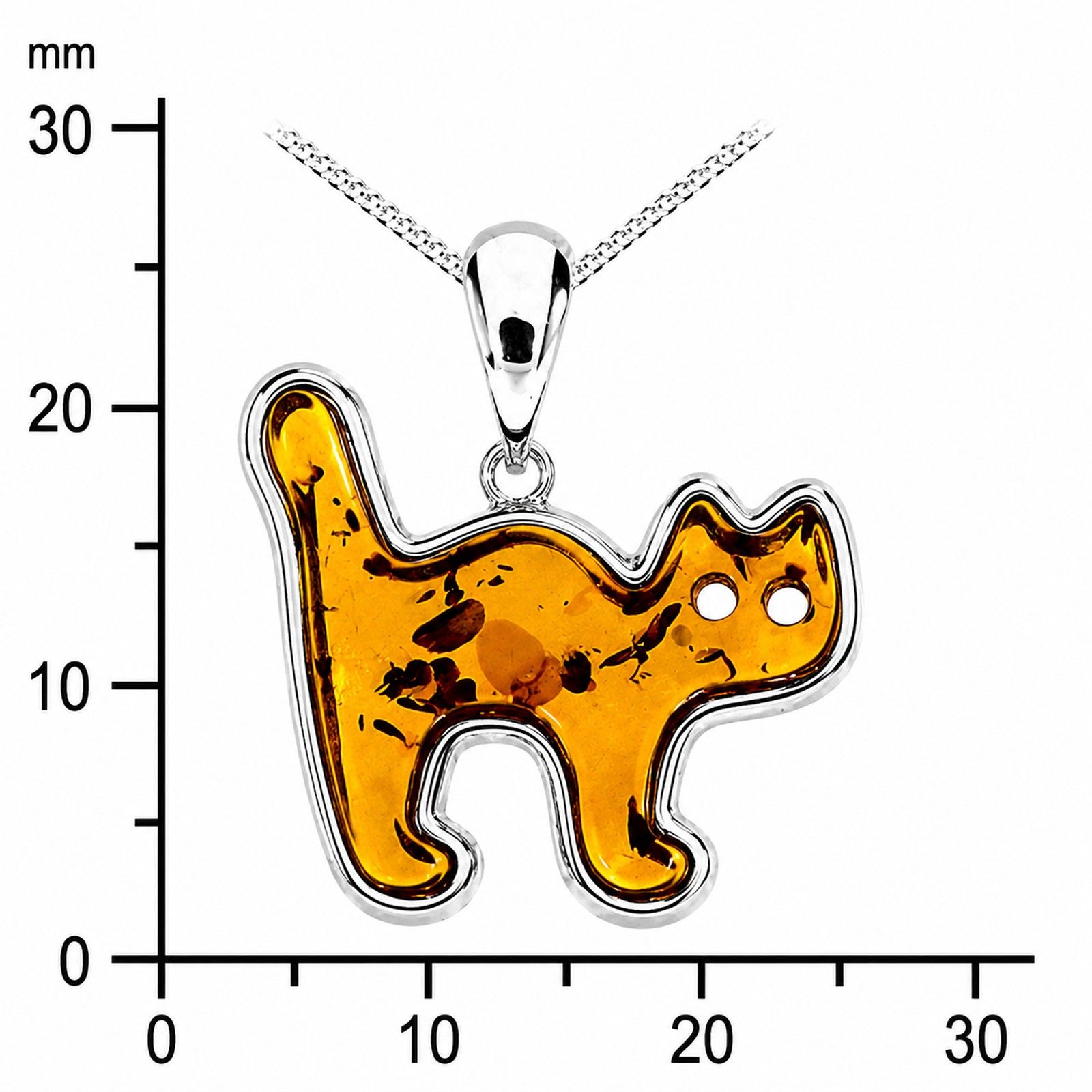 Kette mit Anhänger "Katze", Silber 925/000,  Bernstein