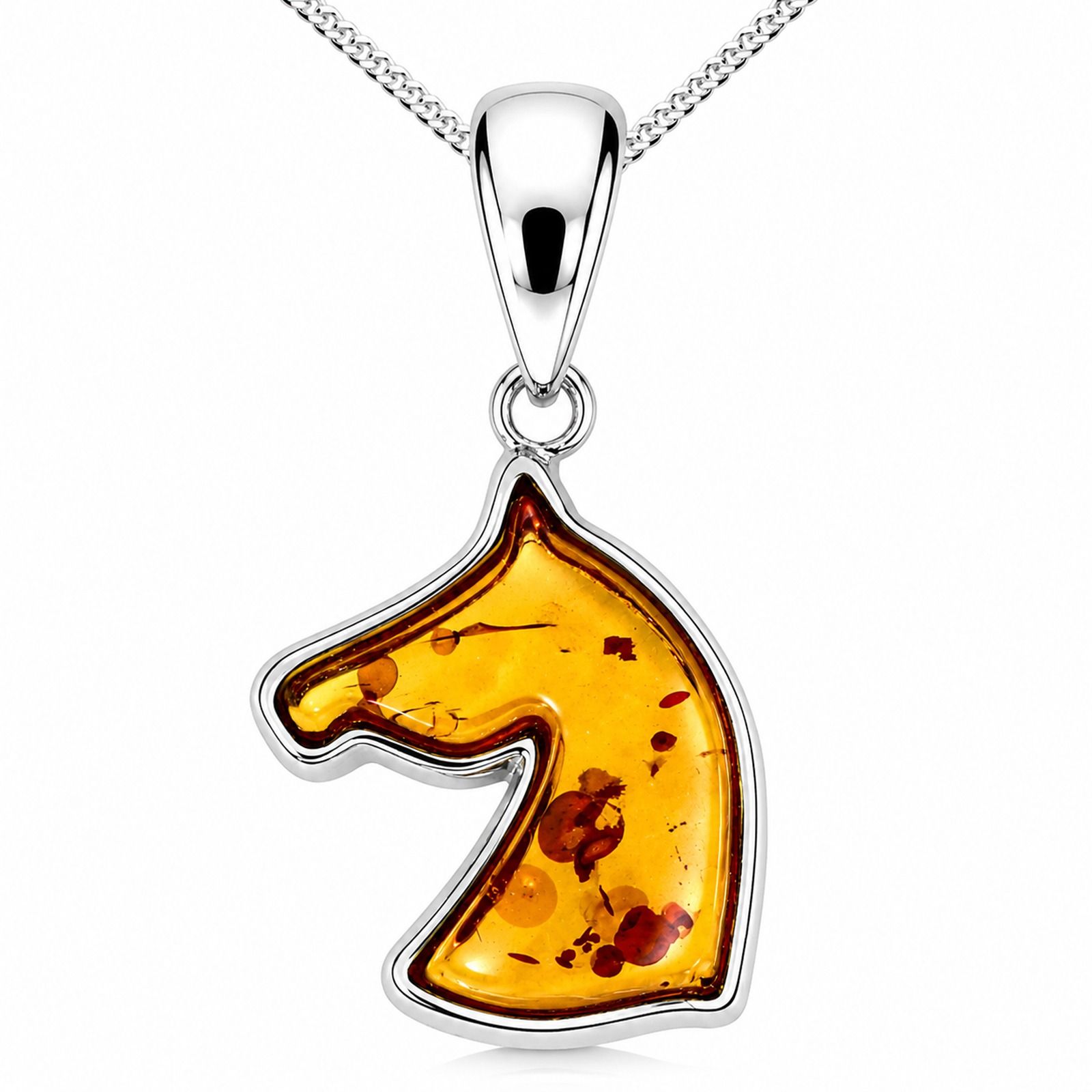 Kette mit Anhänger "Pferdekopf", Silber 925/000,  Bernstein