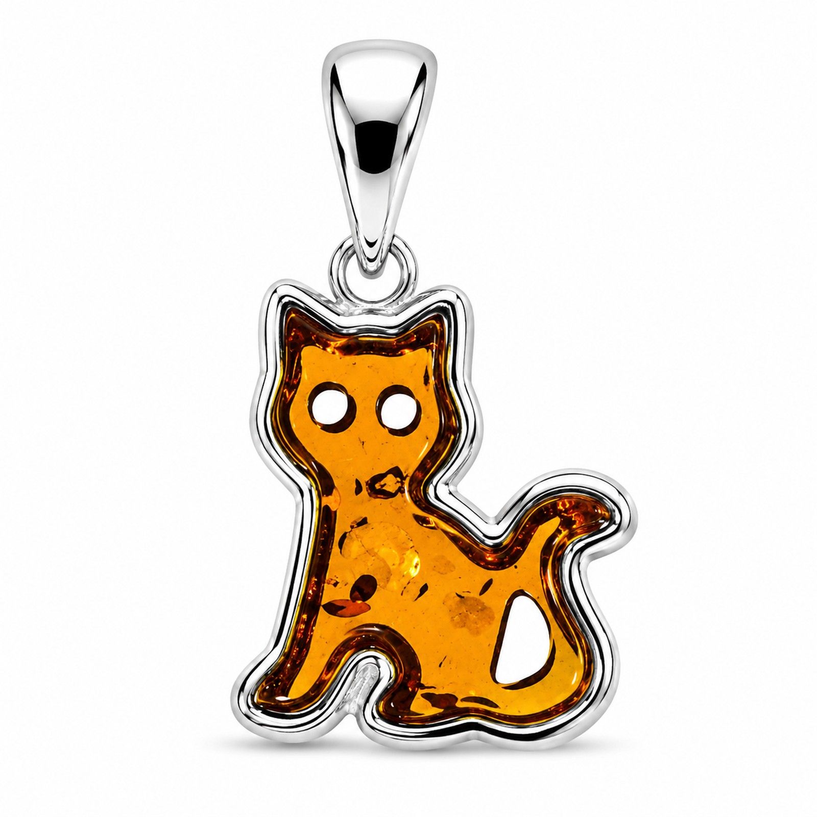 Kette mit Anhänger "Katze", Silber 925/000,  Bernstein