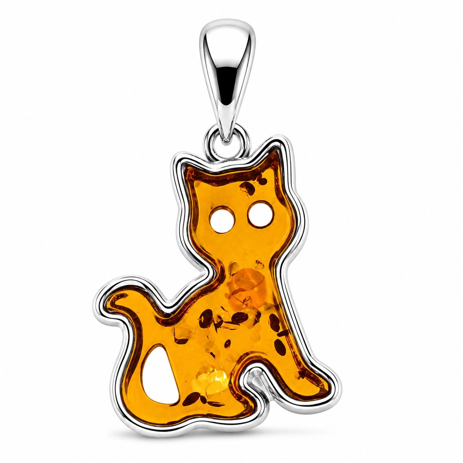 Kinderkette mit Anhänger "Katze", Silber 925/000,  Bernstein