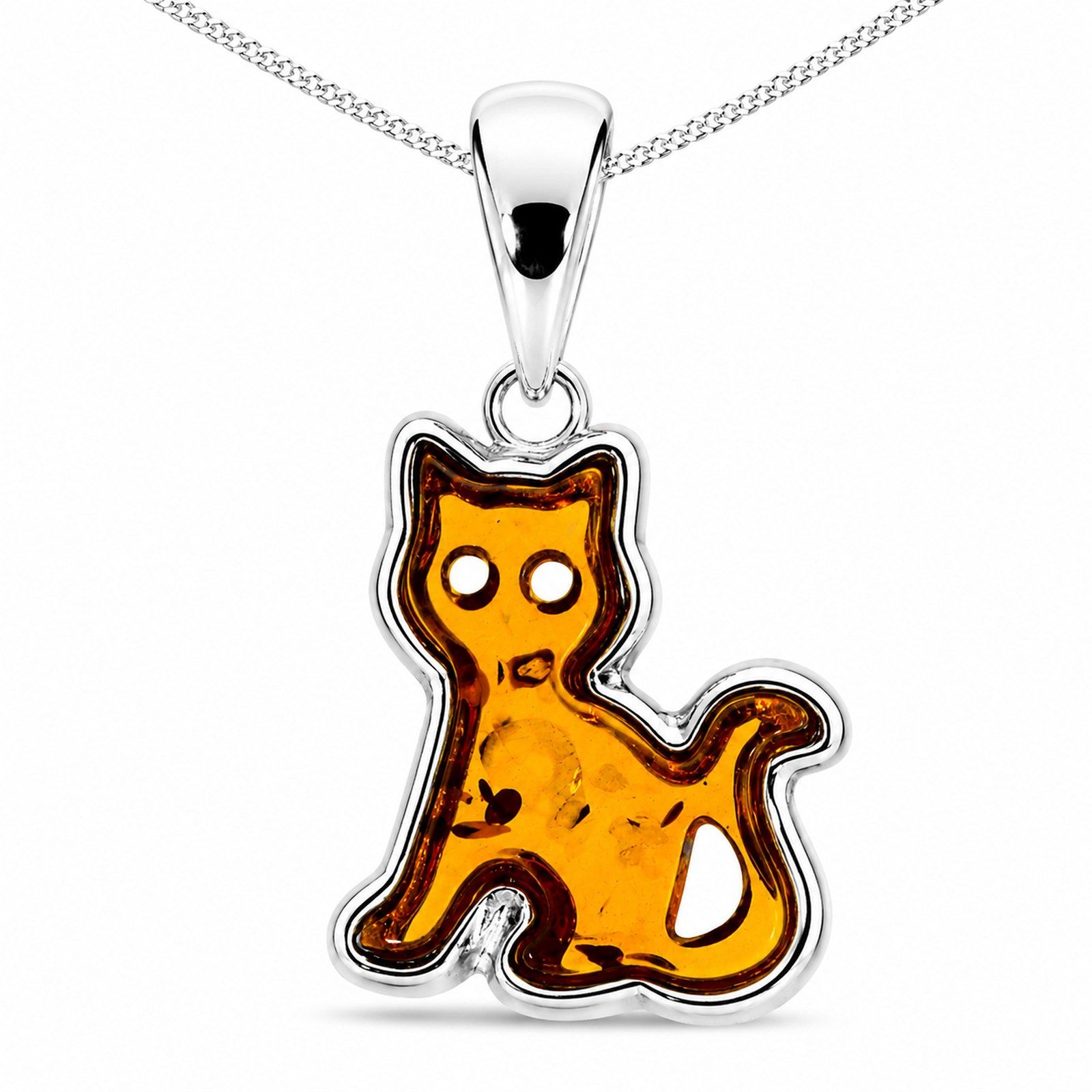 Kette mit Anhänger "Katze", Silber 925/000,  Bernstein