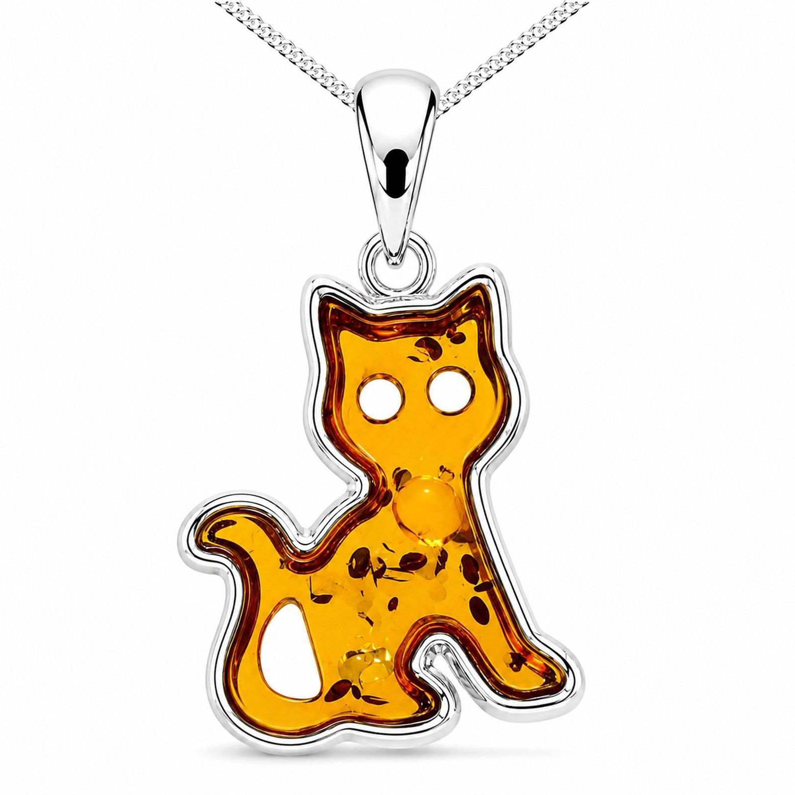 Kinderkette mit Anhänger "Katze", Silber 925/000,  Bernstein
