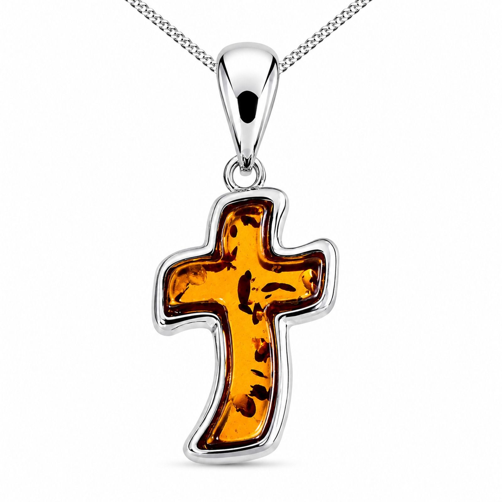 Kinderkette mit Anhänger "Kreuz", Silber 925/000,  Bernstein