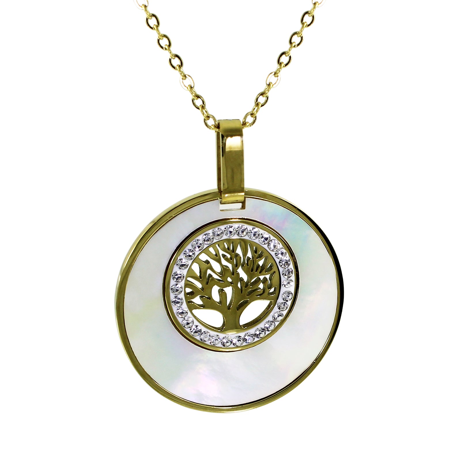 Kette mit Anhänger, Edelstahl, vergoldet, Perlmutt "Lebensbaum"