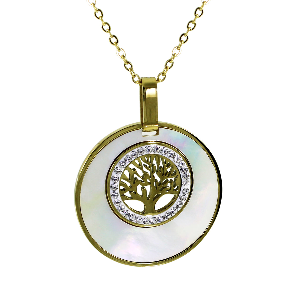 Kette mit Anhänger, Edelstahl, vergoldet, Perlmutt "Lebensbaum"